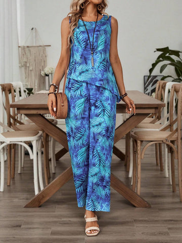 EMERY ROSE Women's Tie-Dye Plant Printed Asymmetrical Hem Tank Top And Long Pants 2pcs Casual Vacation Outfit