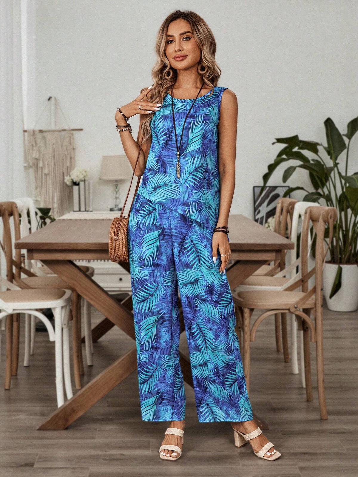 EMERY ROSE Women's Tie-Dye Plant Printed Asymmetrical Hem Tank Top And Long Pants 2pcs Casual Vacation Outfit