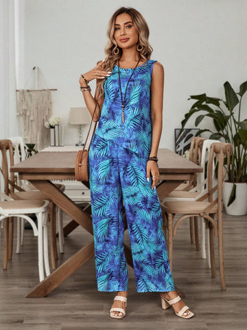 EMERY ROSE Women's Tie-Dye Plant Printed Asymmetrical Hem Tank Top And Long Pants 2pcs Casual Vacation Outfit