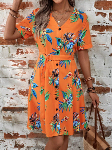 EMERY ROSE Women's Tropical Print Front Button Short Sleeve Vacation Dress For Leisure