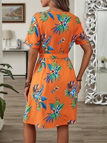 EMERY ROSE Women's Tropical Print Front Button Short Sleeve Vacation Dress For Leisure