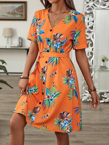 EMERY ROSE Women's Tropical Print Front Button Short Sleeve Vacation Dress For Leisure