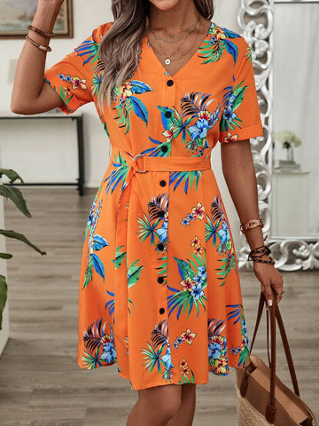 EMERY ROSE Women's Tropical Print Front Button Short Sleeve Vacation Dress For Leisure