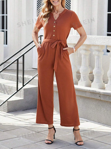 EMERY ROSE Women's V-Neck Button Half Placket Belted Jumpsuit
