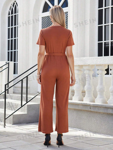 EMERY ROSE Women's V-Neck Button Half Placket Belted Jumpsuit