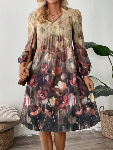 EMERY ROSE Women's V-Neck Floral Print Elegant Long Sleeve Short Dress