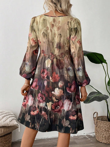 EMERY ROSE Women's V-Neck Floral Print Elegant Long Sleeve Short Dress