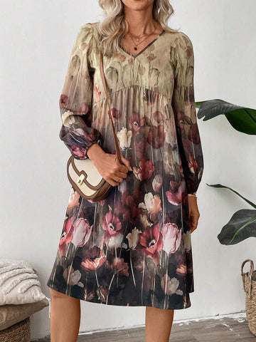 EMERY ROSE Women's V-Neck Floral Print Elegant Long Sleeve Short Dress