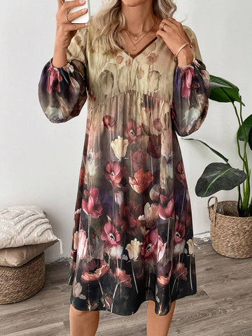 EMERY ROSE Women's V-Neck Floral Print Elegant Long Sleeve Short Dress
