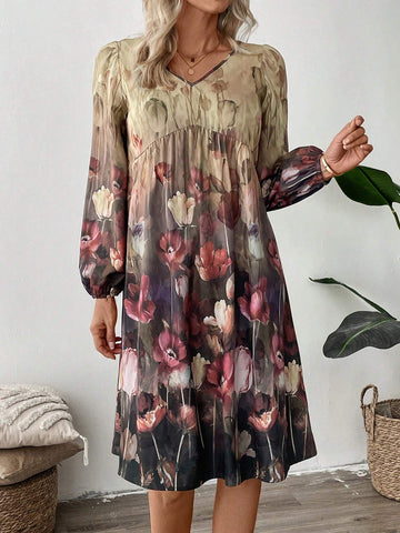 EMERY ROSE Women's V-Neck Floral Print Elegant Long Sleeve Short Dress