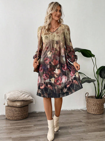 EMERY ROSE Women's V-Neck Floral Print Elegant Long Sleeve Short Dress