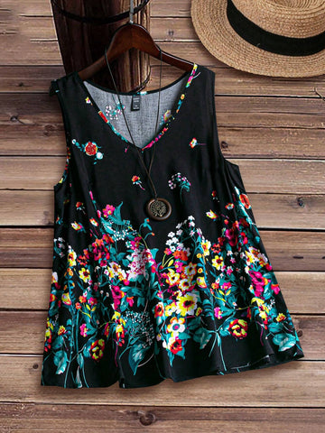 EMERY ROSE Women's V-Neck Floral Printed Sleeveless Shirt, Summer