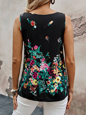 EMERY ROSE Women's V-Neck Floral Printed Sleeveless Shirt, Summer