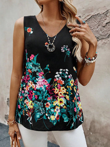 EMERY ROSE Women's V-Neck Floral Printed Sleeveless Shirt, Summer