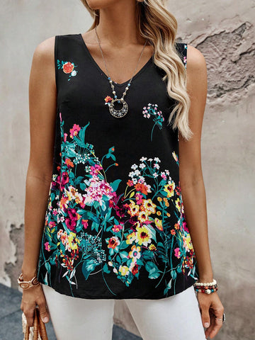 EMERY ROSE Women's V-Neck Floral Printed Sleeveless Shirt, Summer