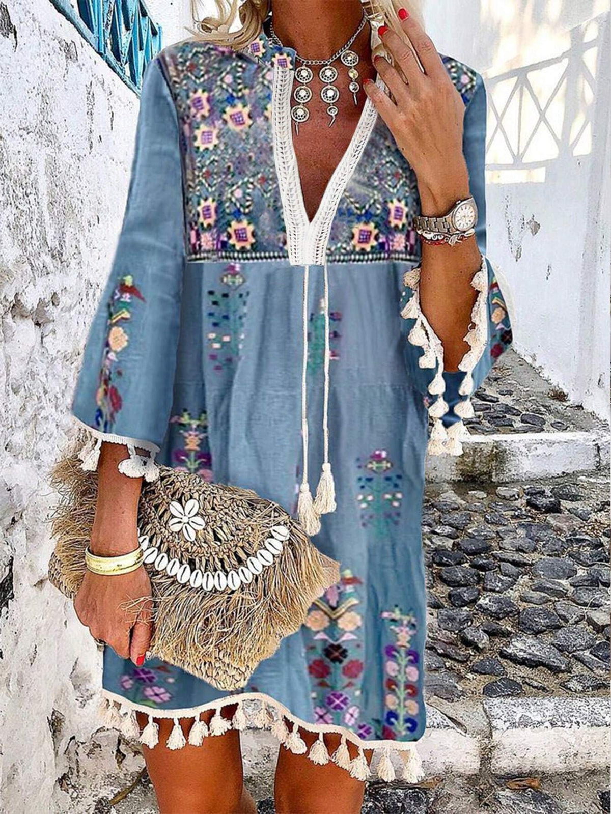 EMERY ROSE Women's V-Neck Fringed Decor Flower Embroidered Summer Casual Holiday Dress