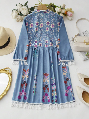 EMERY ROSE Women's V-Neck Fringed Decor Flower Embroidered Summer Casual Holiday Dress