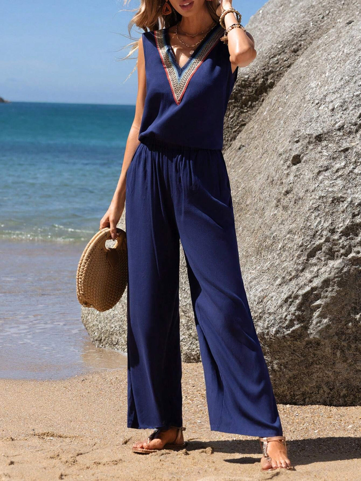 EMERY ROSE Women's V-Neck Lace Trim Tank Top And Wide Leg Pants Set Summer