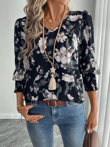 EMERY ROSE Women's V-Neck Long Sleeve Floral Print Casual Blouse
