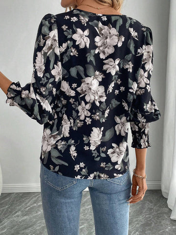 EMERY ROSE Women's V-Neck Long Sleeve Floral Print Casual Blouse