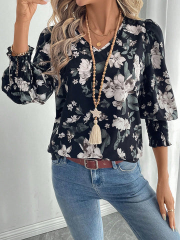 EMERY ROSE Women's V-Neck Long Sleeve Floral Print Casual Blouse