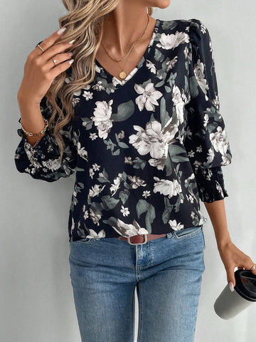 EMERY ROSE Women's V-Neck Long Sleeve Floral Print Casual Blouse