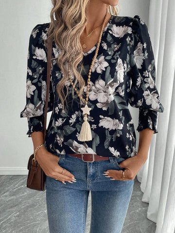 EMERY ROSE Women's V-Neck Long Sleeve Floral Print Casual Blouse