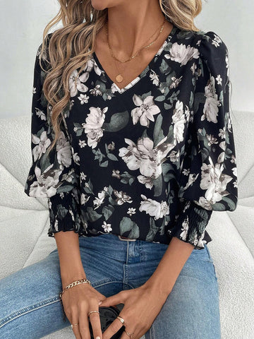 EMERY ROSE Women's V-Neck Long Sleeve Floral Print Casual Blouse