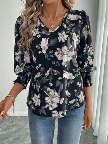 EMERY ROSE Women's V-Neck Long Sleeve Floral Print Casual Blouse