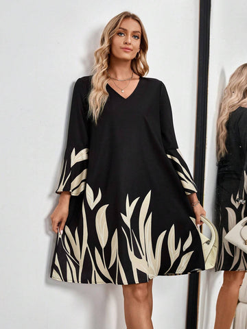 EMERY ROSE Women's V-Neck Long Sleeve Printed Casual Short Dress