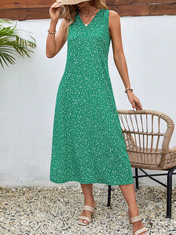 Women's V-Neck Printed Sleeveless Dress For Summer
