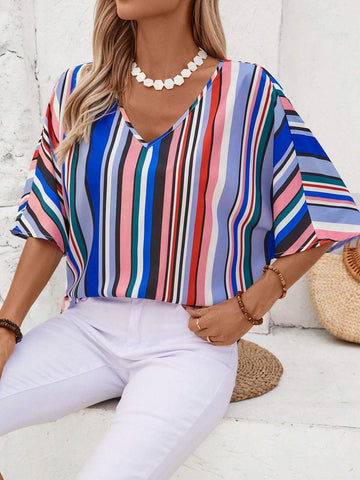 EMERY ROSE Women's V-Neck Striped & Printed Casual Summer Shirt