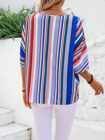 EMERY ROSE Women's V-Neck Striped & Printed Casual Summer Shirt