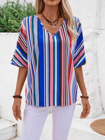 EMERY ROSE Women's V-Neck Striped & Printed Casual Summer Shirt