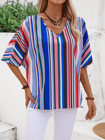 EMERY ROSE Women's V-Neck Striped & Printed Casual Summer Shirt