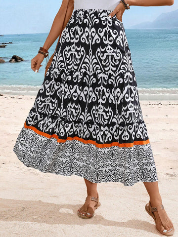 EMERY ROSE Women's Vacation Beach Printed Patchwork Skirt