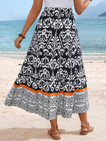 EMERY ROSE Women's Vacation Beach Printed Patchwork Skirt