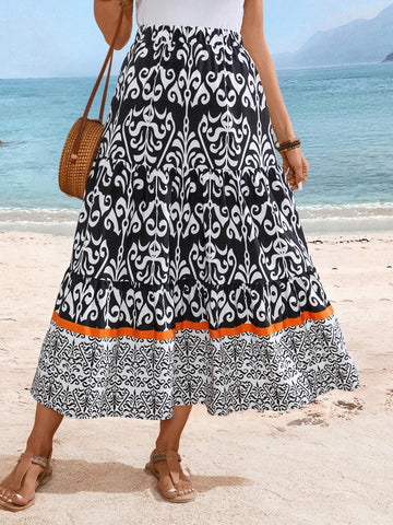 EMERY ROSE Women's Vacation Beach Printed Patchwork Skirt