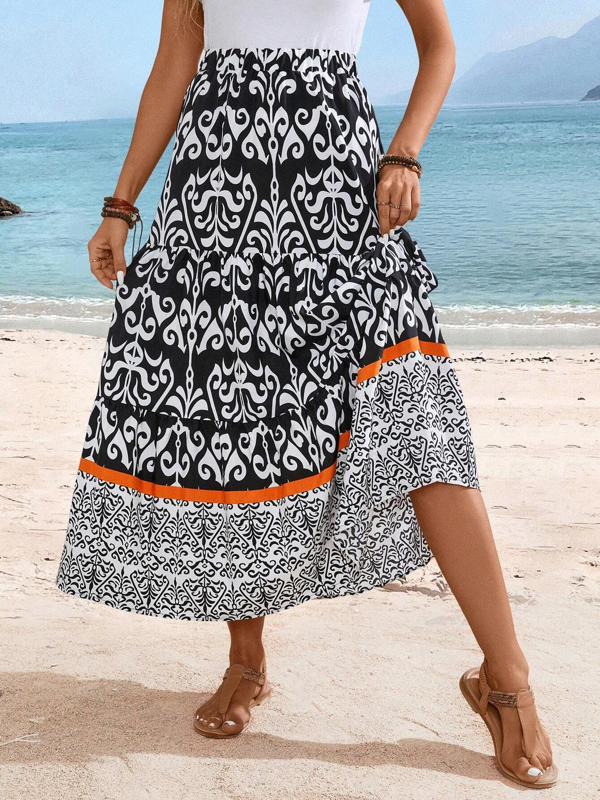 EMERY ROSE Women's Vacation Beach Printed Patchwork Skirt