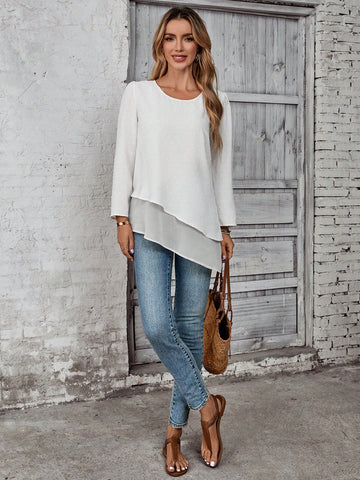EMERY ROSE Women's Vacation Casual Solid Color Asymmetrical Hem Shirt