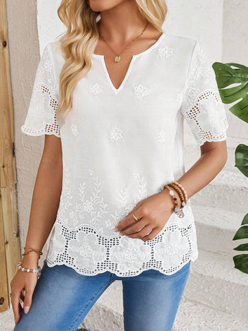 EMERY ROSE Women's Vacation Casual Solid Color Flower Embroidery Notch Neck Shirt