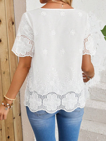 EMERY ROSE Women's Vacation Casual Solid Color Flower Embroidery Notch Neck Shirt