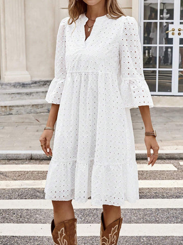 EMERY ROSE Women's Vacation Casual Solid Color Hollow Embroidered Cutout Neck Dress