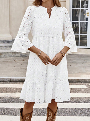 EMERY ROSE Women's Vacation Casual Solid Color Hollow Embroidered Cutout Neck Dress