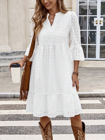 EMERY ROSE Women's Vacation Casual Solid Color Hollow Embroidered Cutout Neck Dress