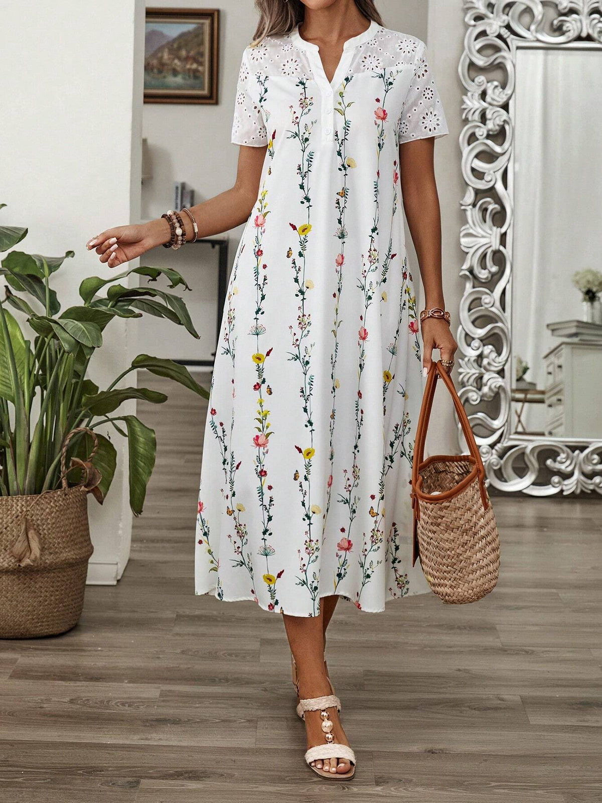Women's Vacation Leisure Flower Print Spliced Hollow Out Embroidery Notched Neck Short Sleeve Dress