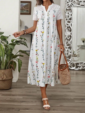 Women's Vacation Leisure Flower Print Spliced Hollow Out Embroidery Notched Neck Short Sleeve Dress