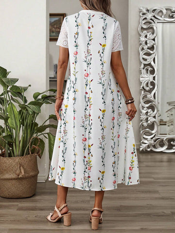 Women's Vacation Leisure Flower Print Spliced Hollow Out Embroidery Notched Neck Short Sleeve Dress