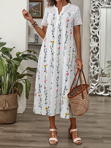 Women's Vacation Leisure Flower Print Spliced Hollow Out Embroidery Notched Neck Short Sleeve Dress