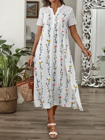 Women's Vacation Leisure Flower Print Spliced Hollow Out Embroidery Notched Neck Short Sleeve Dress